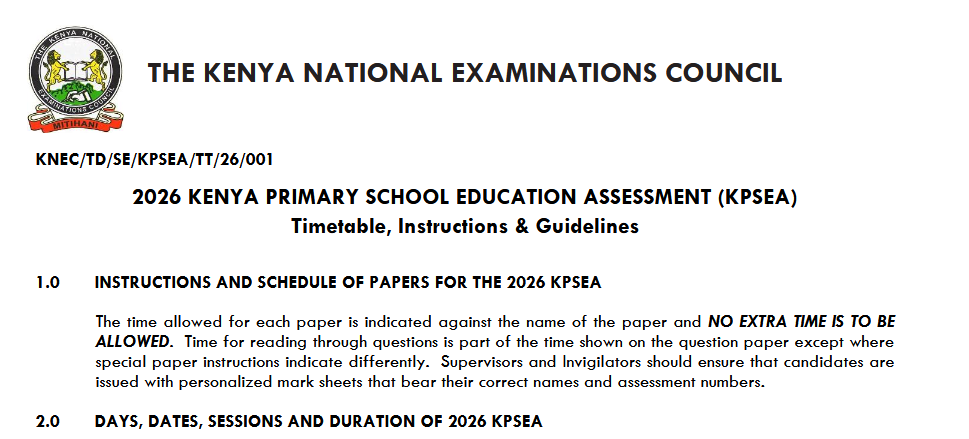 KPSEA TIMETABLE 2026 Looking for the official KNEC KPSEA 2026 timetable? Check out the complete Grade 6 examination dates, subject table, and crucial instructions here.